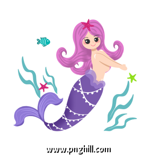 Hand Drawn Cartoon Mermaid Seaweed Small Fish Free PNG Download