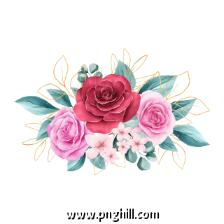 Watercolor Flowers Bouquet With Outlined Leaves Decoration 