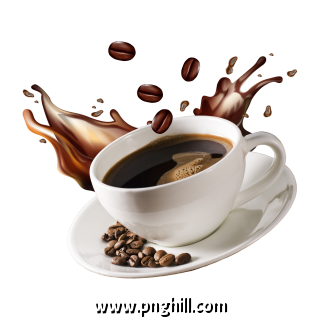 Flying Cup Of Coffee With Splash And Coffee Beans Png Background 