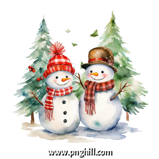 Cute Snowmen Hand Drawn In Watercolor With A Christmas Tree Free PNG Design Free Download