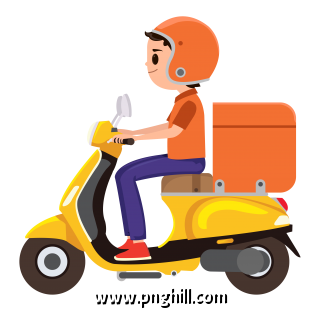 A Young Boy Riding An Orange Delivery Scooter 