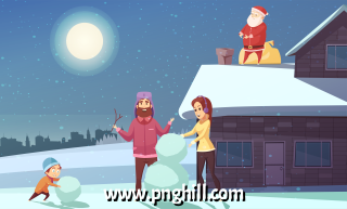 Happy Family Making Snowman At Christmas Night And Santa Background Free PNG Design Free Download
